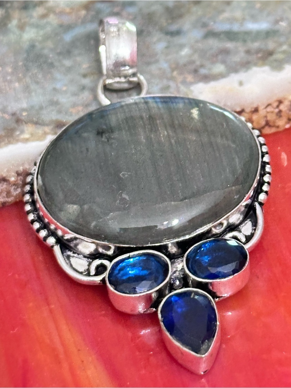Artisan Handcrafted Flash Labradorite Stone Pendant with Blue Crystal Accents